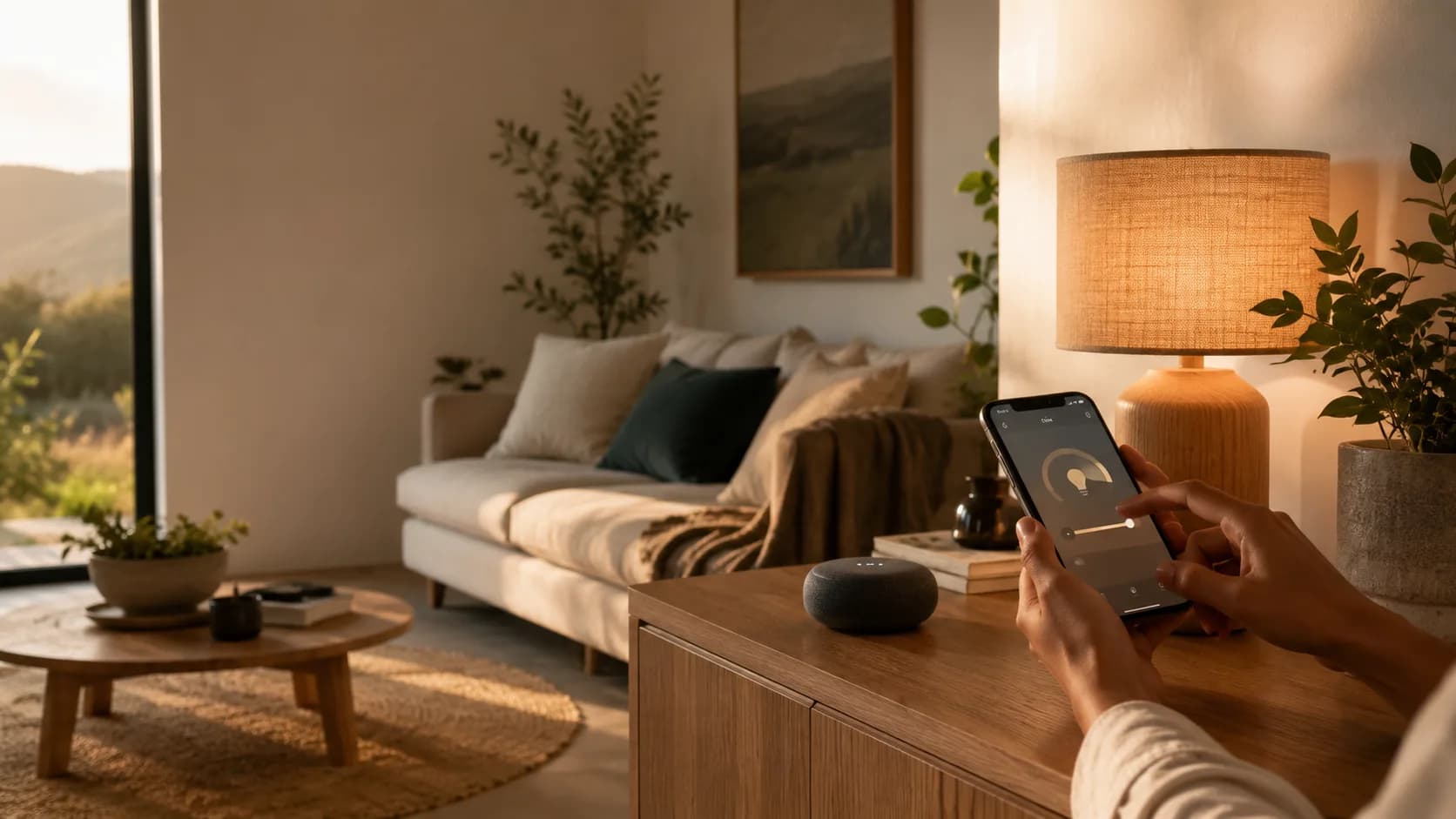 A sunlit South African living room with smart home devices in everyday use