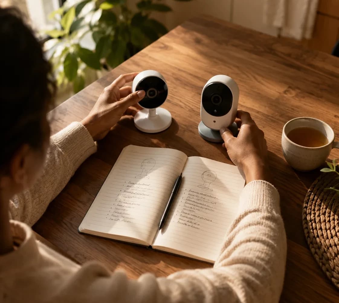 A calm, unhurried moment comparing two home products at a kitchen table