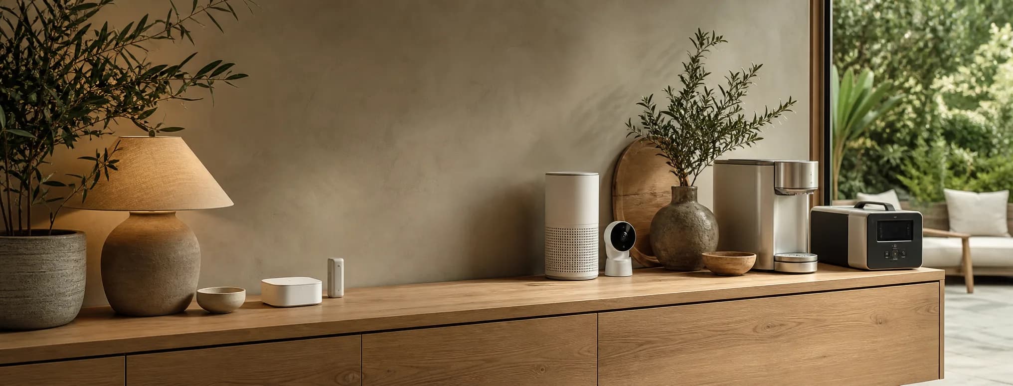 A small, deliberately sparse selection of home products arranged with generous space between them