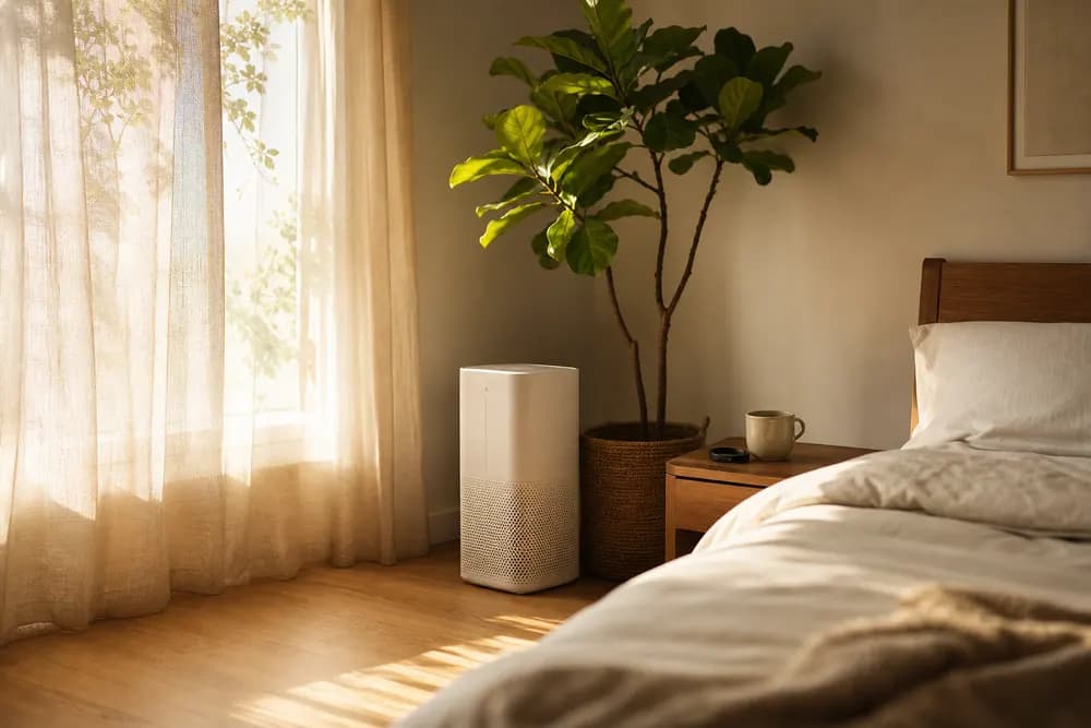 A sunlit bedroom corner with an air purifier and a wearable resting on the nightstand