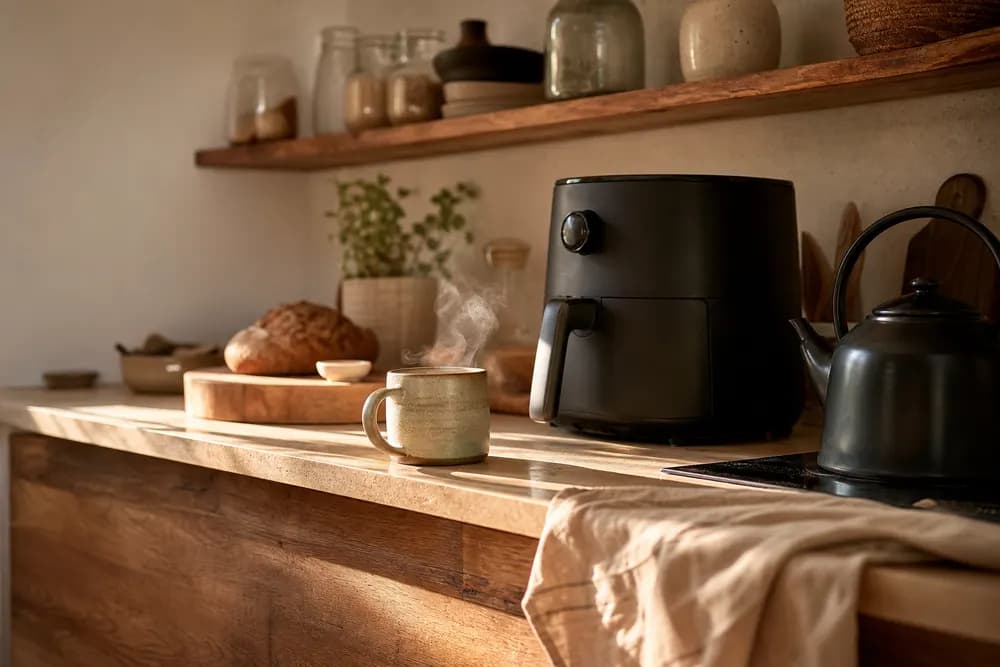 A kitchen counter with an air fryer, kettle, and a steaming cup of coffee in morning light
