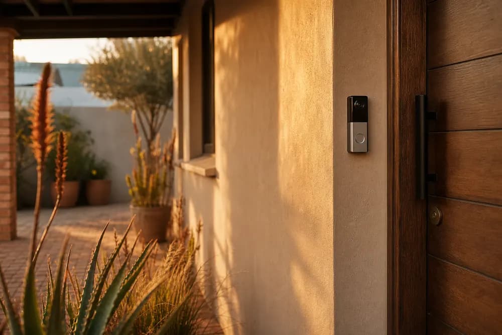 A video doorbell mounted beside a wooden front door on a warm South African veranda at golden hour
